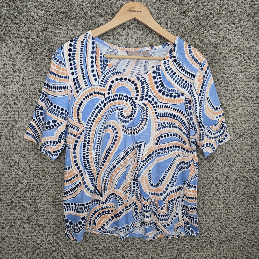 Chicos Top Womens 2 US Large Blue Printed V Neck Short Sleeve Slub‎ Knit Casual